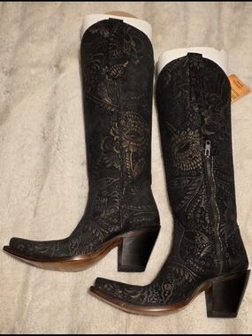 Corral Black Embossed Floral Western Knee-High Boots